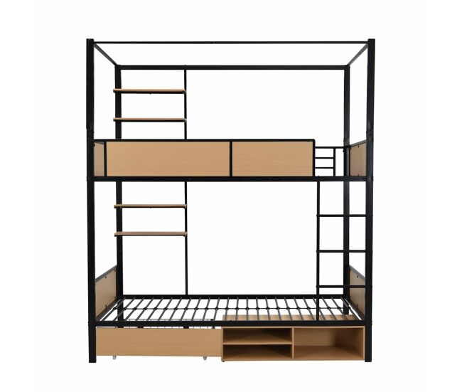 Cama alta 90x200 - cama de ferro + mdf, étagère lateral dupla, grades e escadas resistentes, arrumação debaixo da cama, cortina superior opcional - noir+natural