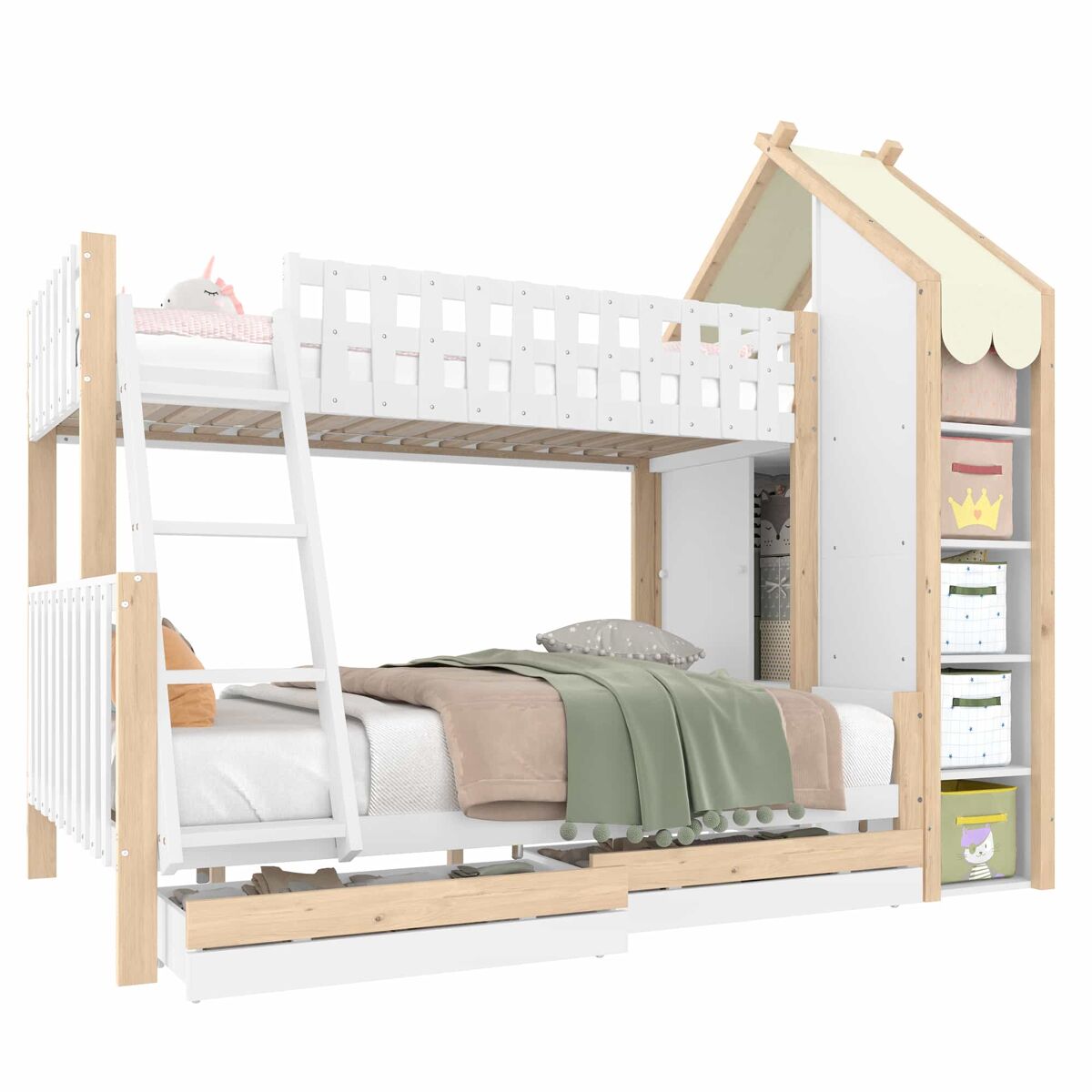 Cama alta 90x200 cm + 140x200 cm - com grades, escada, 2 gavetas, vedação irregular - branco + natural