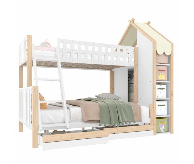 Cama alta 90x200 cm + 140x200 cm - com grades, escada, 2 gavetas, vedação irregular - branco + natural