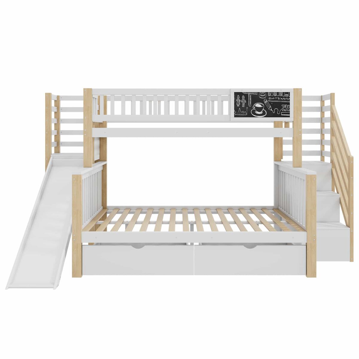 Cama casa 140x200cm e 90x200cm - com escada, armários, escorregador e quadro negro - branco e natural