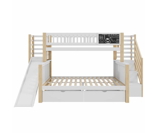 Cama casa 140x200cm e 90x200cm - com escada, armários, escorregador e quadro negro - branco e natural