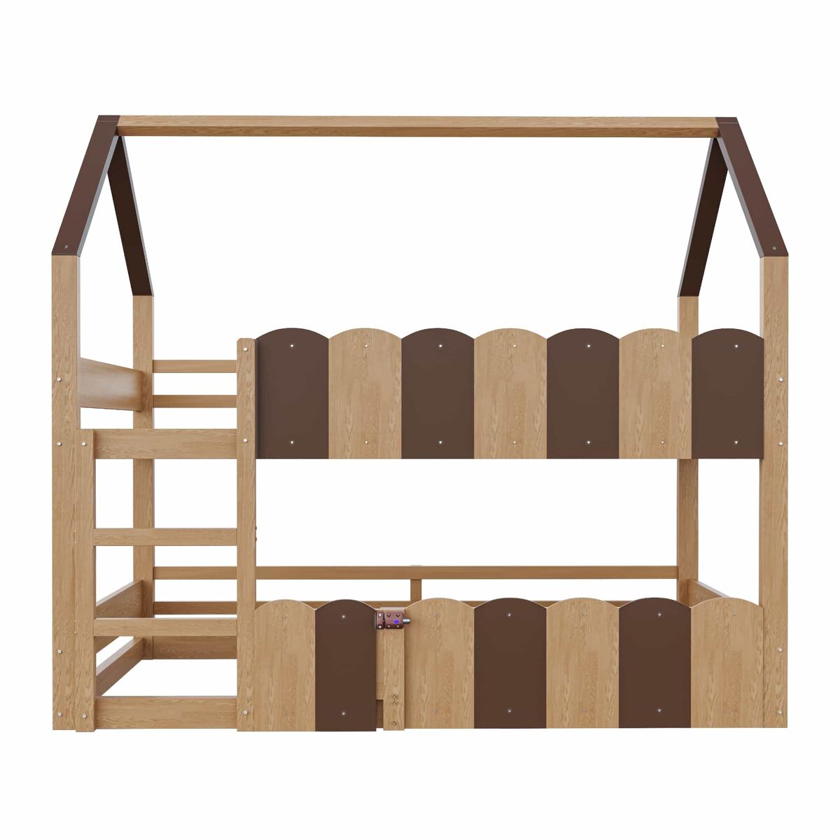 Litera infantil 90x200 cm - diseño en forma de casa con barandillas altas - color madera
