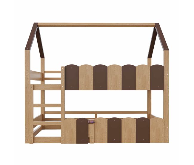 Litera infantil 90x200 cm - diseño en forma de casa con barandillas altas - color madera