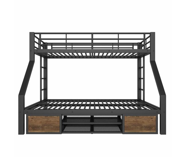 Beliche 90x200 cm + 140x200 cm - cama infantil com sapateira, prateleiras, grades, escada, certificada en747 - preto