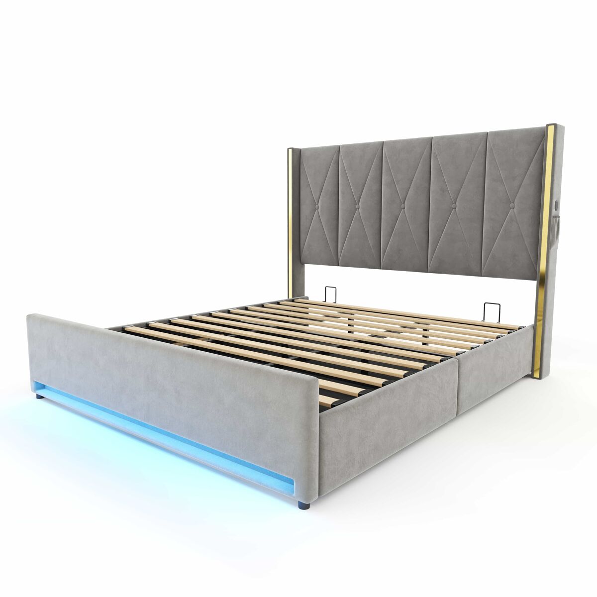 Cama em veludo 180×200 cm - cabeceira alta, acolchoada e estofada, bolsos laterais, usb e led, sistema hidráulico, amplo espaço de arrumação debaixo