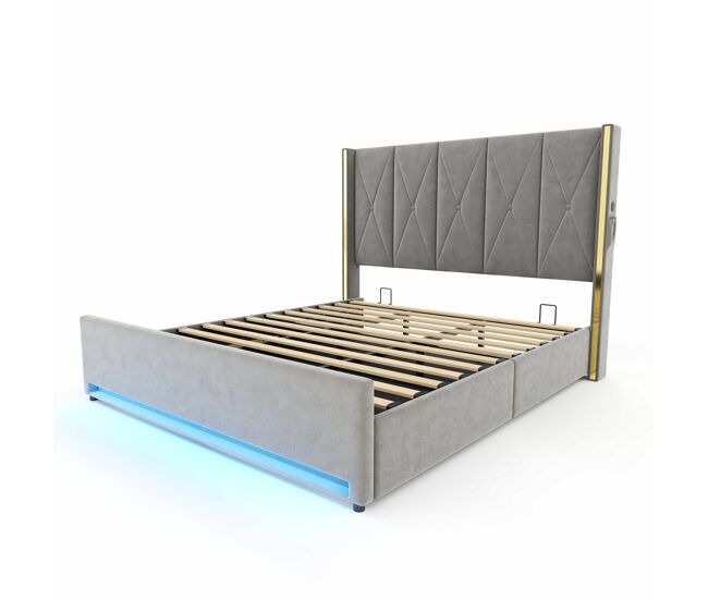 Cama em veludo 180×200 cm - cabeceira alta, acolchoada e estofada, bolsos laterais, usb e led, sistema hidráulico, amplo espaço de arrumação debaixo