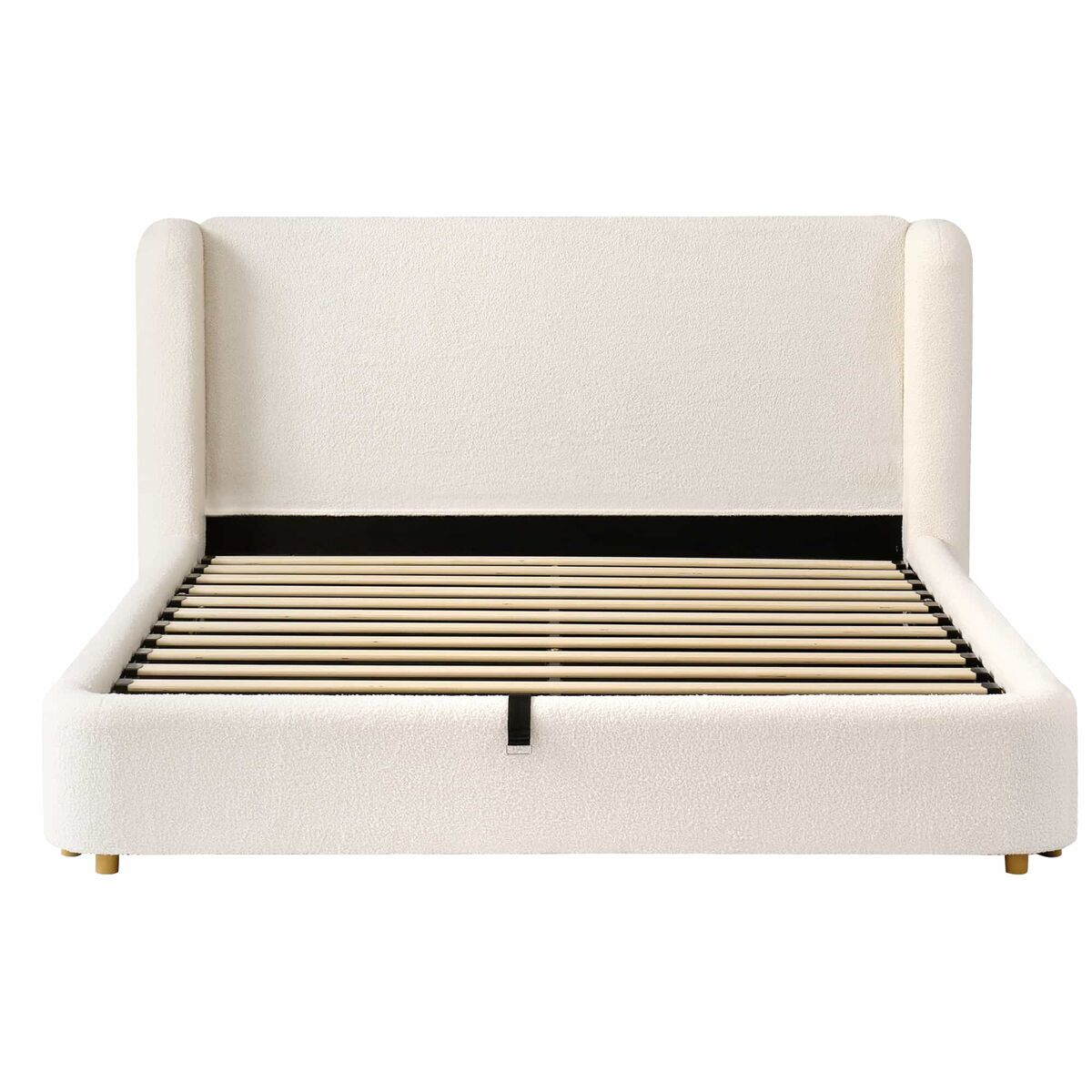Cama de casal estofada 180x200 - cama hidráulica com base de lâminas, cabeceira acolchoada e amplo espaço de arrumação - bouclé bege