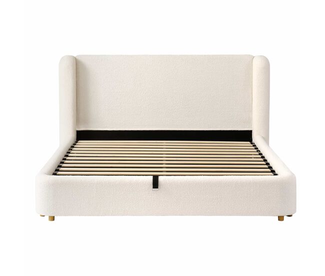 Cama de casal estofada 180x200 - cama hidráulica com base de lâminas, cabeceira acolchoada e amplo espaço de arrumação - bouclé bege