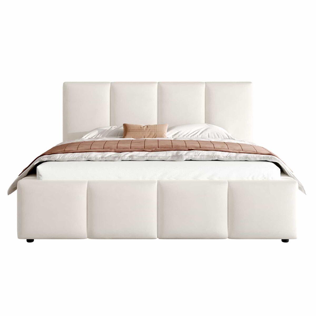 Cama estofada 180 x 200 cm - com base de colchão e cabeceira acolchoada - bege chenille