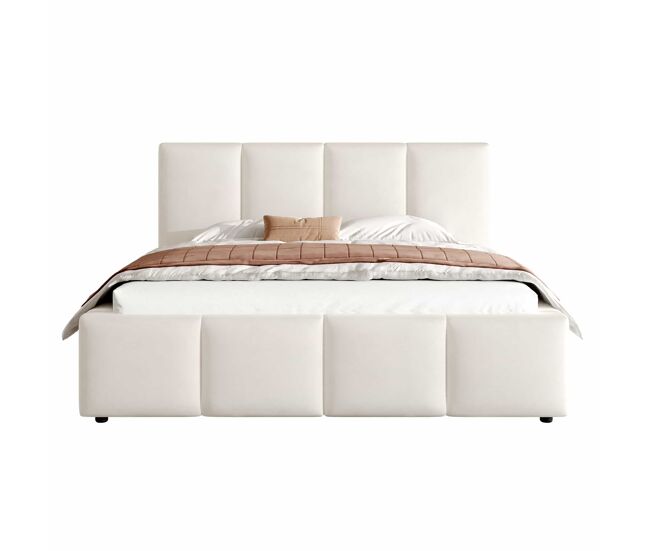 Cama estofada 180 x 200 cm - com base de colchão e cabeceira acolchoada - bege chenille