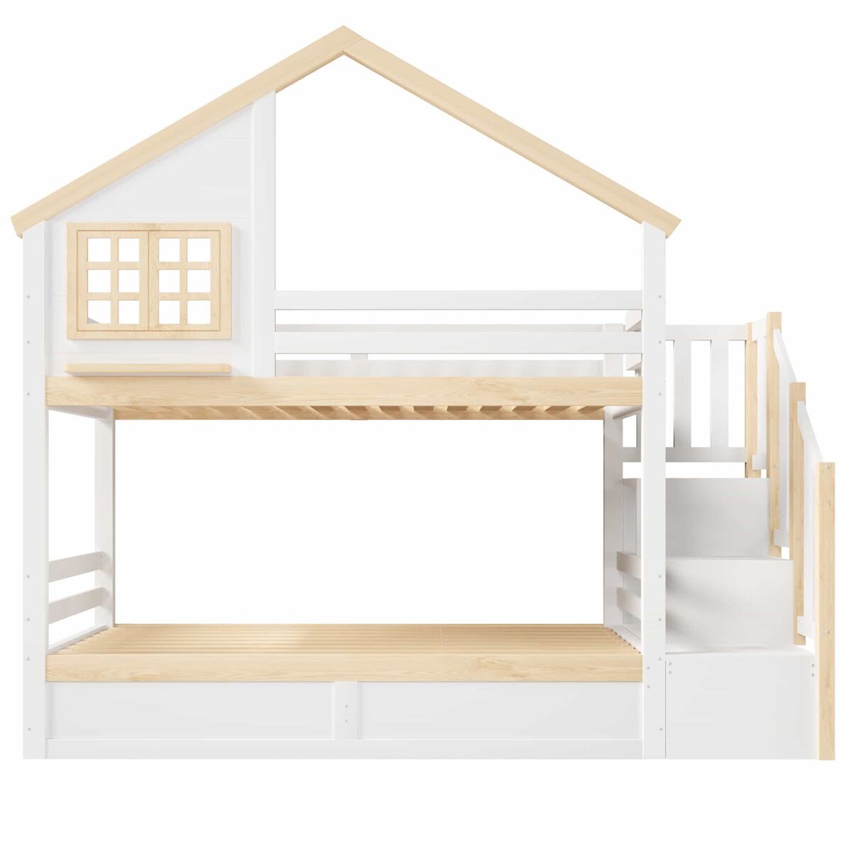 Cama de beliche, 90 x 200 cm - sistema hidráulico, com grade de proteção, arrumação debaixo da cama, decoração com janela e casinha - blanc + natural