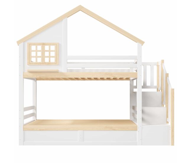 Cama de beliche, 90 x 200 cm - sistema hidráulico, com grade de proteção, arrumação debaixo da cama, decoração com janela e casinha - blanc + natural