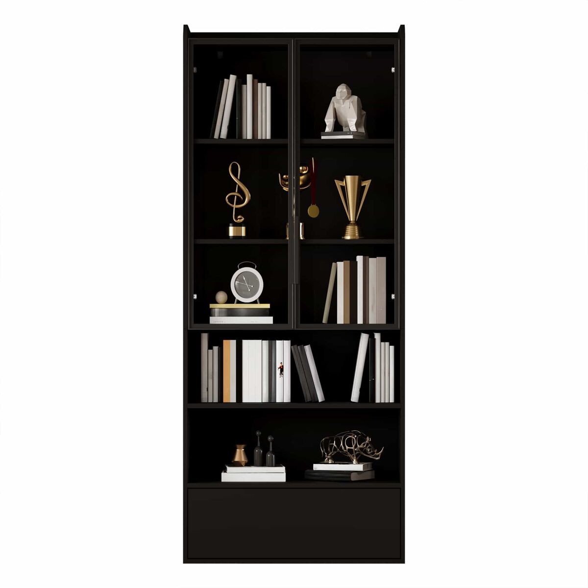 Vitrine alta 80 x 34 x 180 cm - 1 gaveta, portas de vidro, led, compartimento aberto, étagère de pé - noir