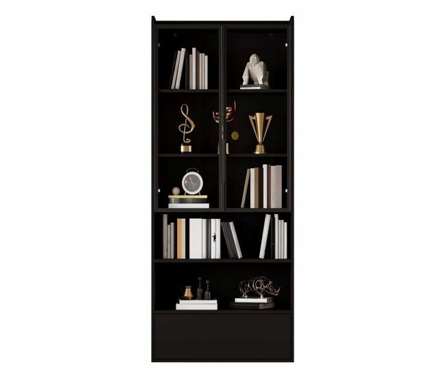 Vitrine alta 80 x 34 x 180 cm - 1 gaveta, portas de vidro, led, compartimento aberto, étagère de pé - noir