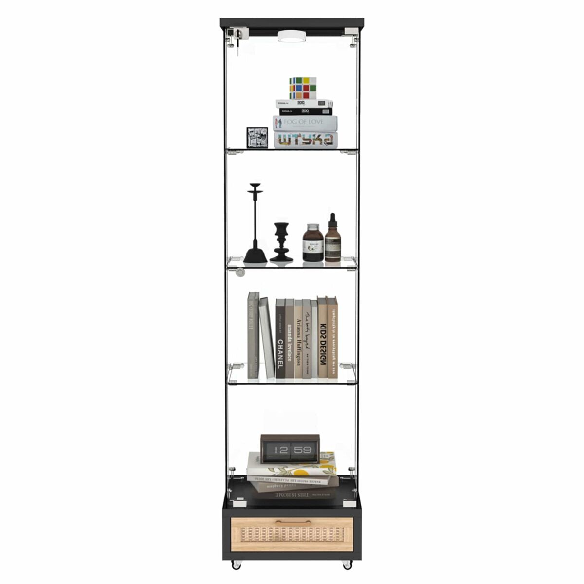 Vitrine moderna em vidro 167 x 42,5 x 36,5 cm - com led, 1 porta e 4 étagères - noire