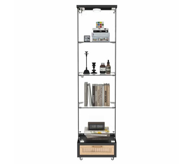Vitrine moderna em vidro 167 x 42,5 x 36,5 cm - com led, 1 porta e 4 étagères - noire