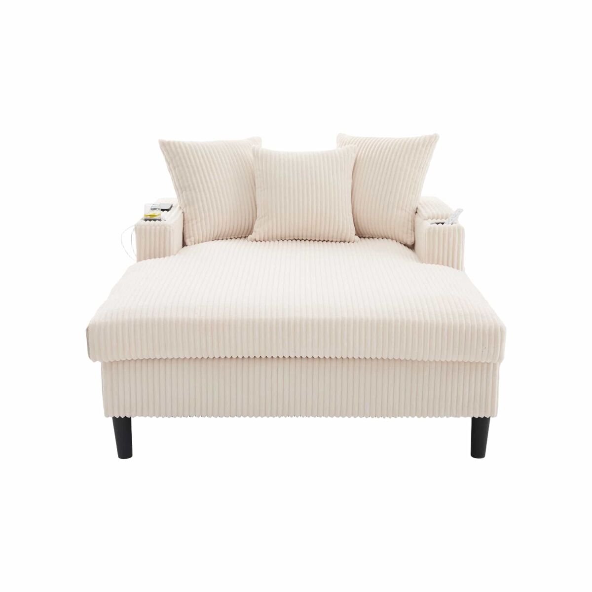 Sofá lounge multifuncional com chaise longue - ampla superfície de descanso, porta-copos em ambos os lados, iluminação led, bolso lateral, porta usb, espaço de arrumo, pés de plástico estáveis - bege - 1 lugar