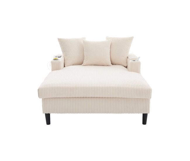 Sofá lounge multifuncional com chaise longue - ampla superfície de descanso, porta-copos em ambos os lados, iluminação led, bolso lateral, porta usb, espaço de arrumo, pés de plástico estáveis - bege - 1 lugar