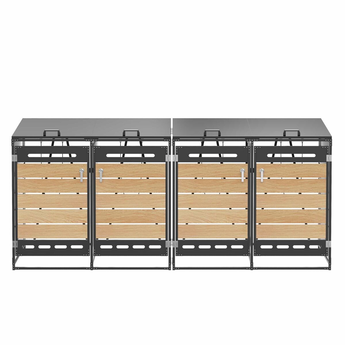 Caixa para 4 contentores do lixo - tampa hidráulica, ventilação, acabamento com efeito de madeira horizontal, armário de arrumação para jardim com