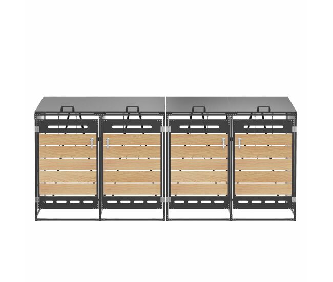 Caixa para 4 contentores do lixo - tampa hidráulica, ventilação, acabamento com efeito de madeira horizontal, armário de arrumação para jardim com