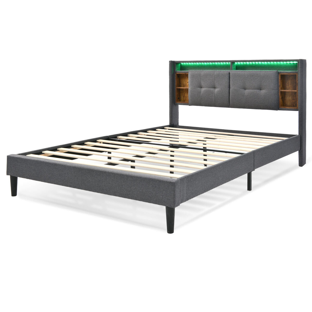 Cama de casal estofada em linho 140x200cm com led e porta de carregamento usb - estrado - cinzento