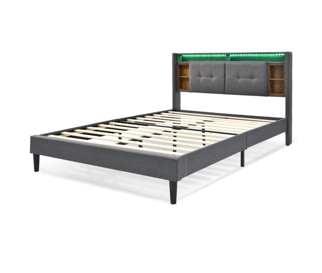 Cama de casal estofada em linho 140x200cm com led e porta de carregamento usb - estrado - cinzento