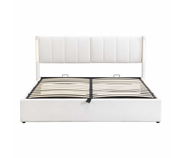 Cama estofada com led binaural 180x200 cm - cama hidráulica com espaço de arrumação, cabeceira ajustável, porta usb recarregável - blanc
