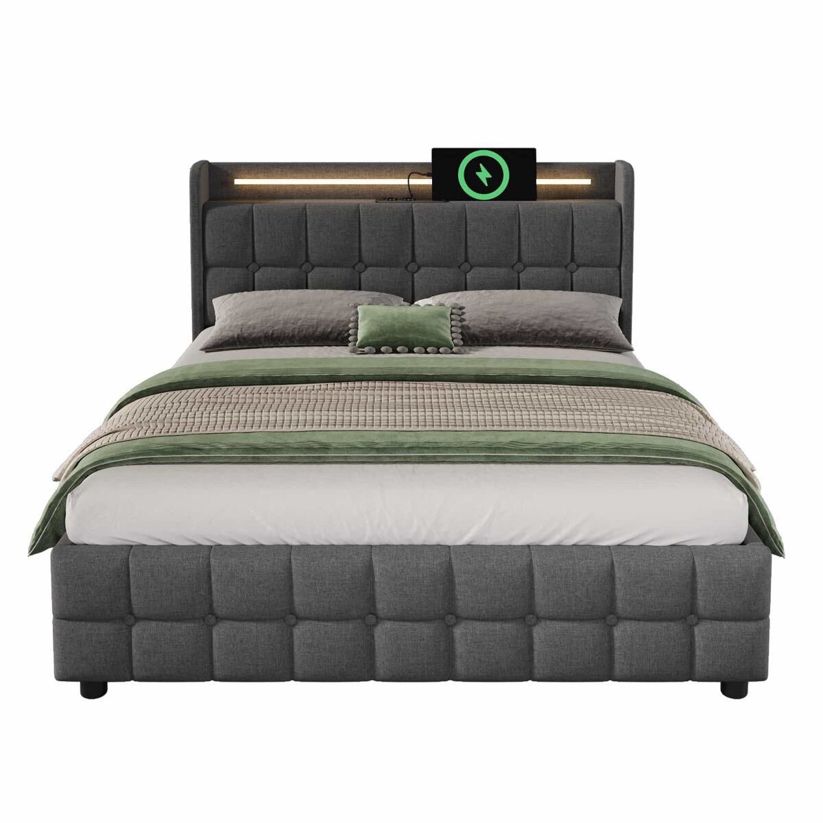 Cama estofada 140x200cm em linho - com led e portas de carregamento usb - 2 gavetas - gris