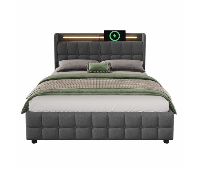 Cama estofada 140x200cm em linho - com led e portas de carregamento usb - 2 gavetas - gris