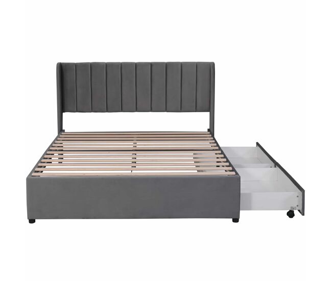 Cama 140x200cm com 2 gavetas - estofo em veludo - estilo moderno - cinzento