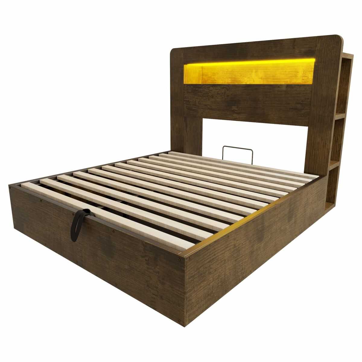 Cama de plataforma 140x200 - espaço de arrumação, sistema hidráulico, luzes led na cabeceira, tomadas integradas - madeira vintage