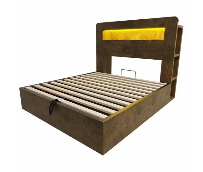 Cama de plataforma 140x200 - espaço de arrumação, sistema hidráulico, luzes led na cabeceira, tomadas integradas - madeira vintage