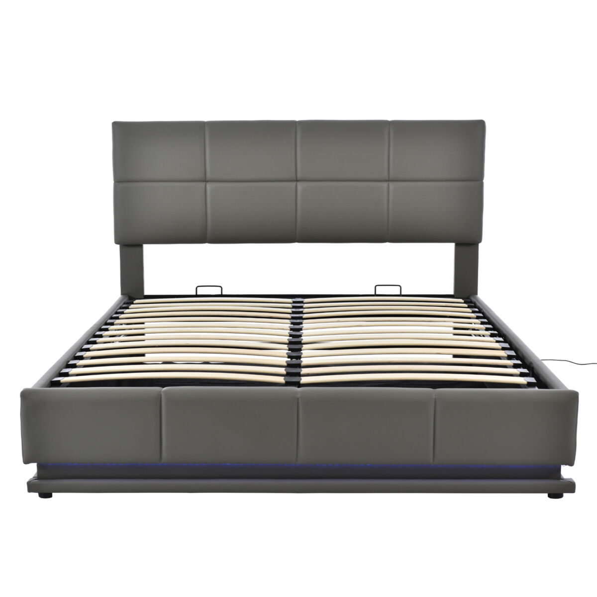 Cama de contentor 160x200cm em imitação de pele com led + estrado + cabeceira regulável - gris