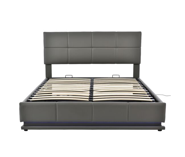 Cama de contentor 160x200cm em imitação de pele com led + estrado + cabeceira regulável - gris