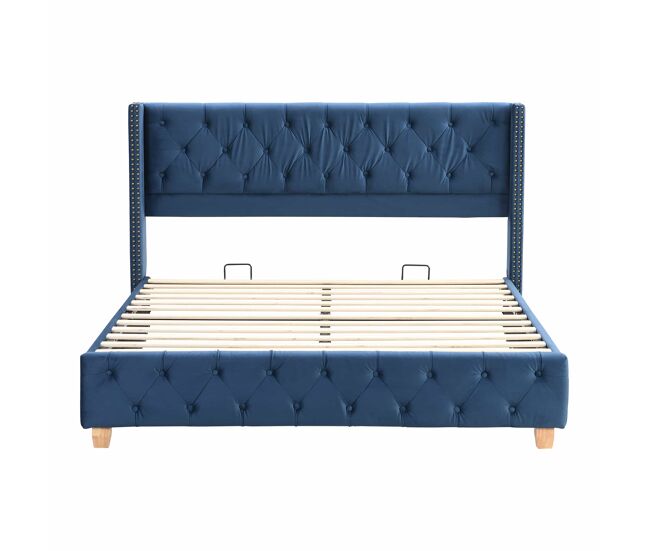 Cama de adulto estofada em veludo - 160x200 cm - com estrado de molas - azul