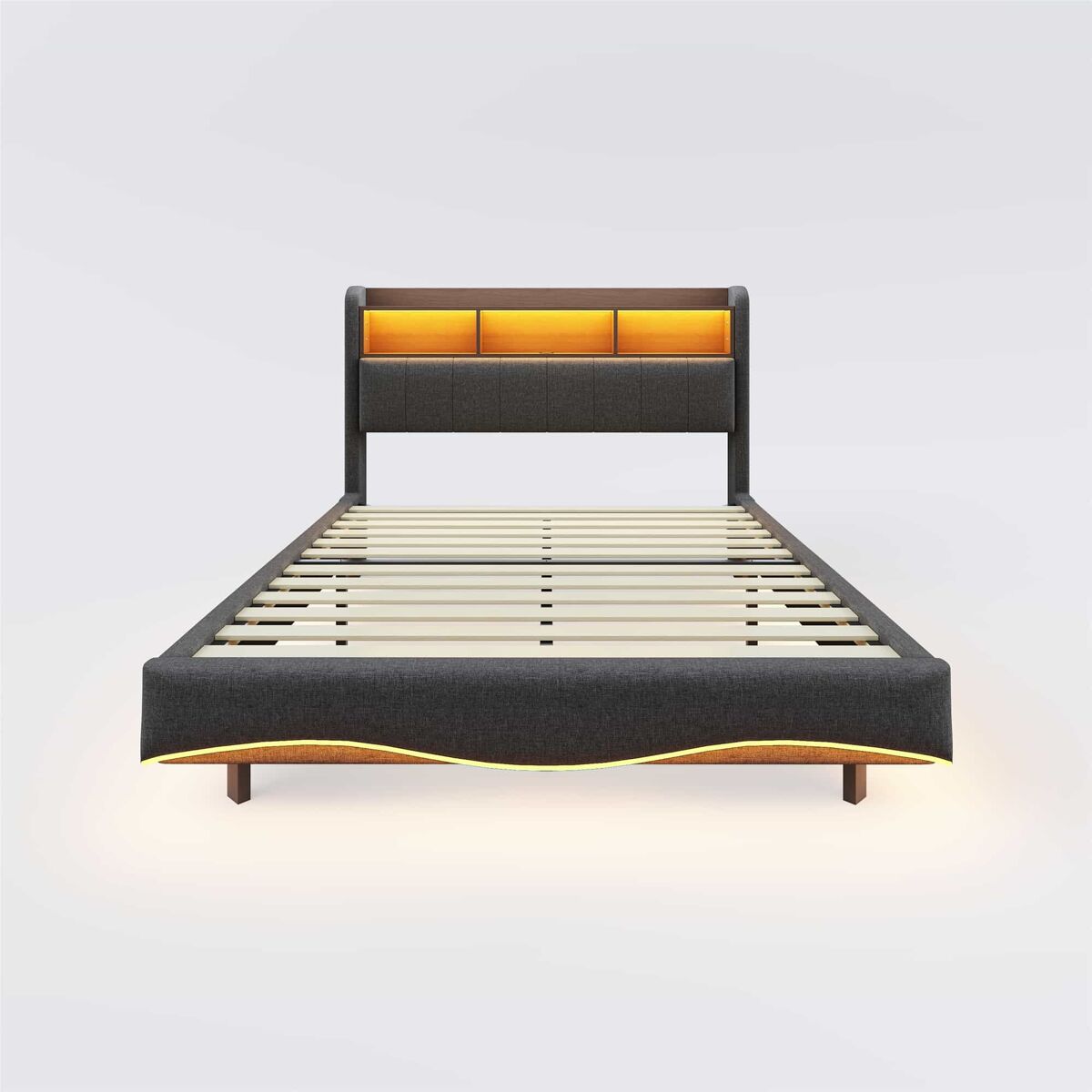 Cama de adulto 140x200 cm em tecido de linho - cabeceira com arrumação com led e fichas - cinzento