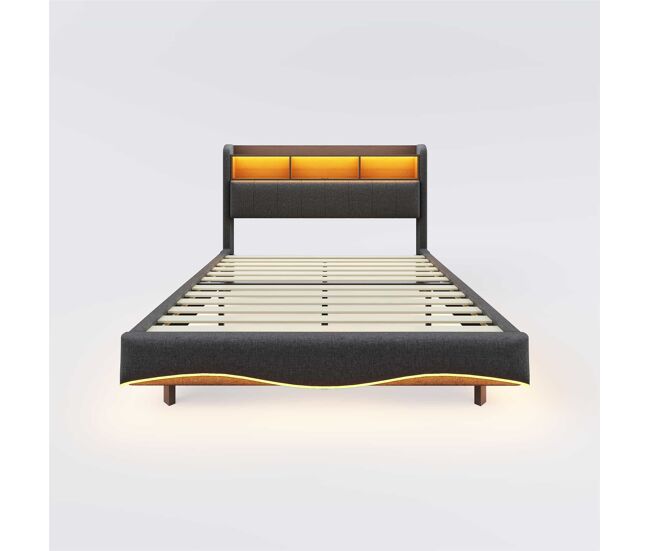 Cama de adulto 140x200 cm em tecido de linho - cabeceira com arrumação com led e fichas - cinzento