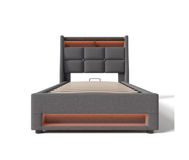 Cama para arrumação de roupa de cama 90x200 cm com led e portas usb - estrado de ripas - gris