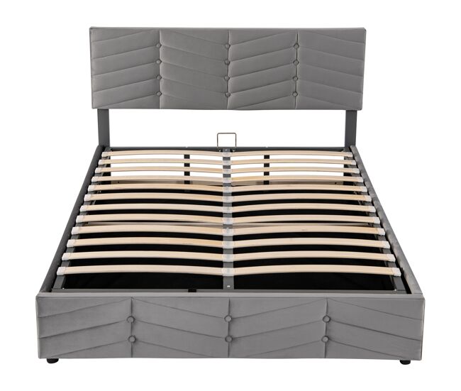 Cama de contentor em veludo com estrado de ripas + cabeceira regulável - 140x190cm - gris