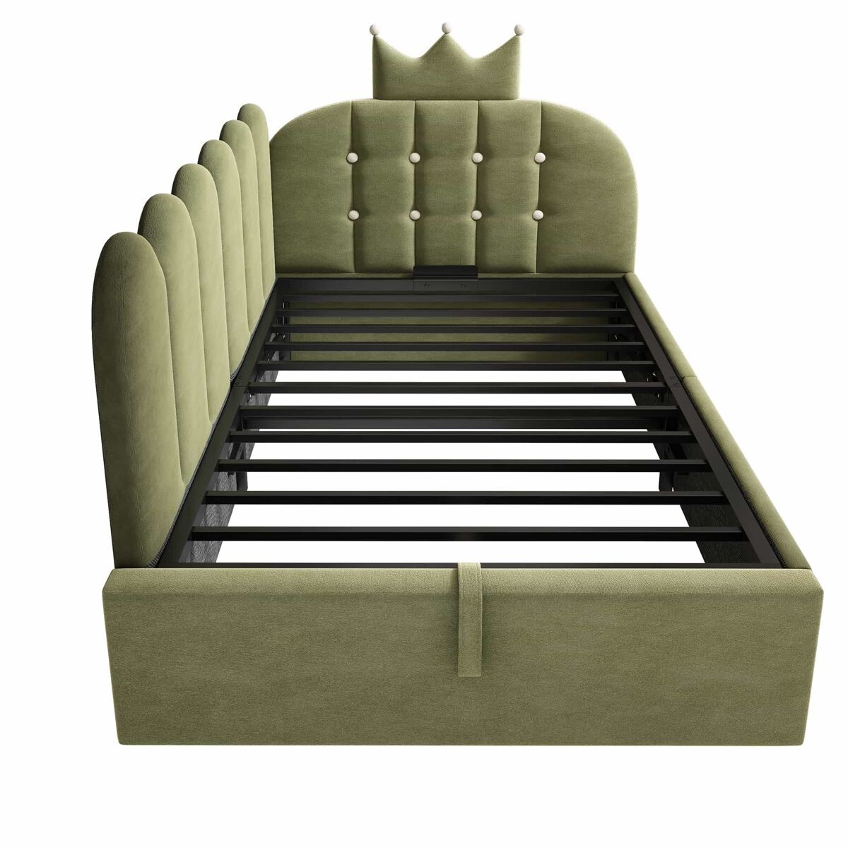 Cama estofada e sofá-cama 90x200 cm - com arrumação hidráulica, cama de dia, formato em l, veludo, design com estrutura em grelha - verde