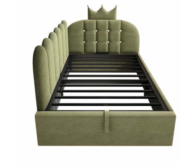 Cama estofada e sofá-cama 90x200 cm - com arrumação hidráulica, cama de dia, formato em l, veludo, design com estrutura em grelha - verde