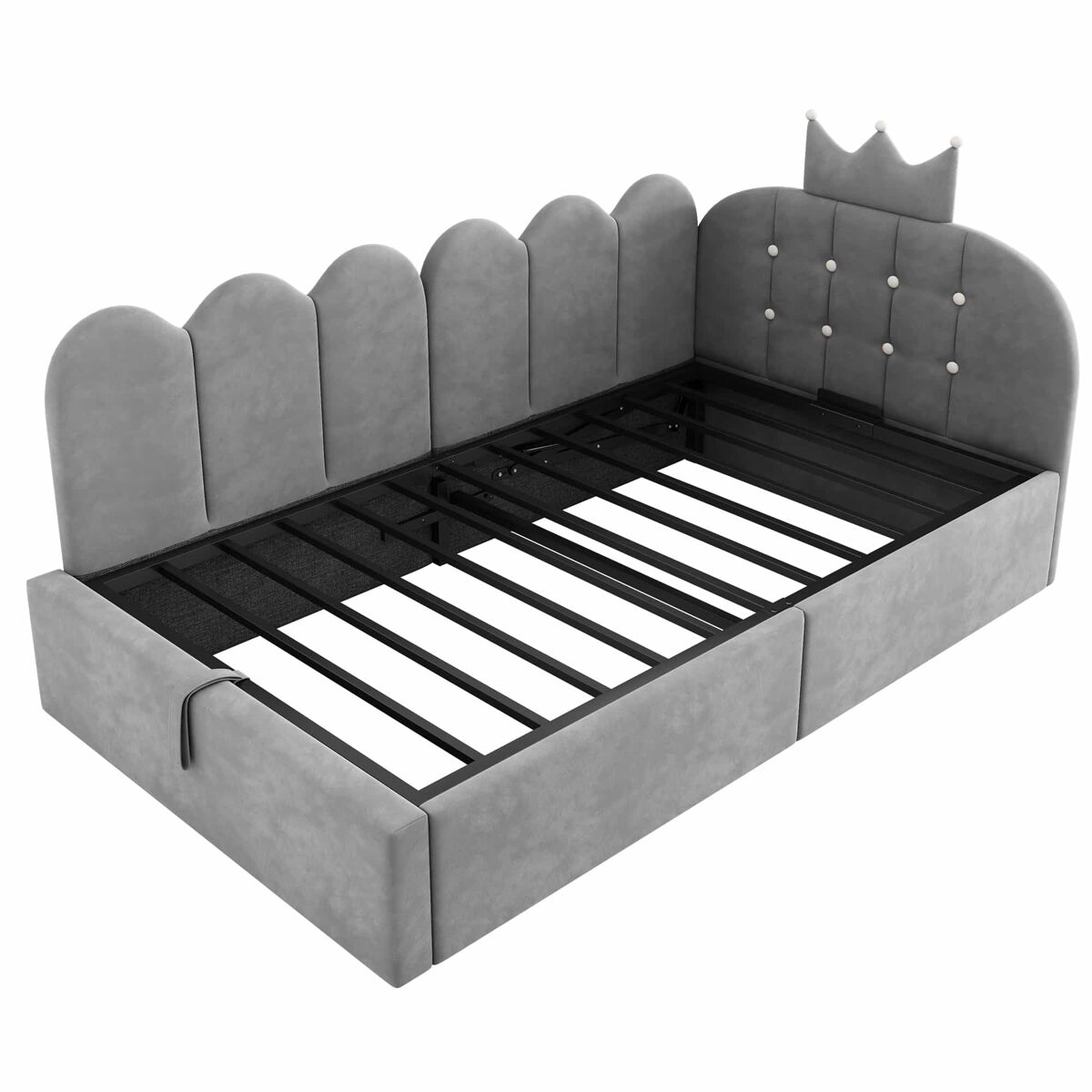 Cama estofada tipo daybed 90x200 cm - sofá-cama com arrumação hidráulica, cama de hóspedes em forma de l, design em grelha com coroa, sem colchão - gris
