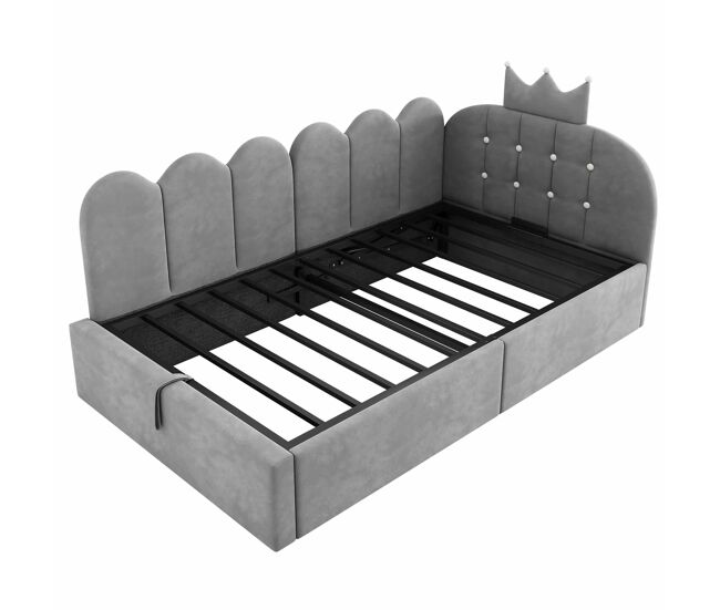 Cama estofada tipo daybed 90x200 cm - sofá-cama com arrumação hidráulica, cama de hóspedes em forma de l, design em grelha com coroa, sem colchão - gris