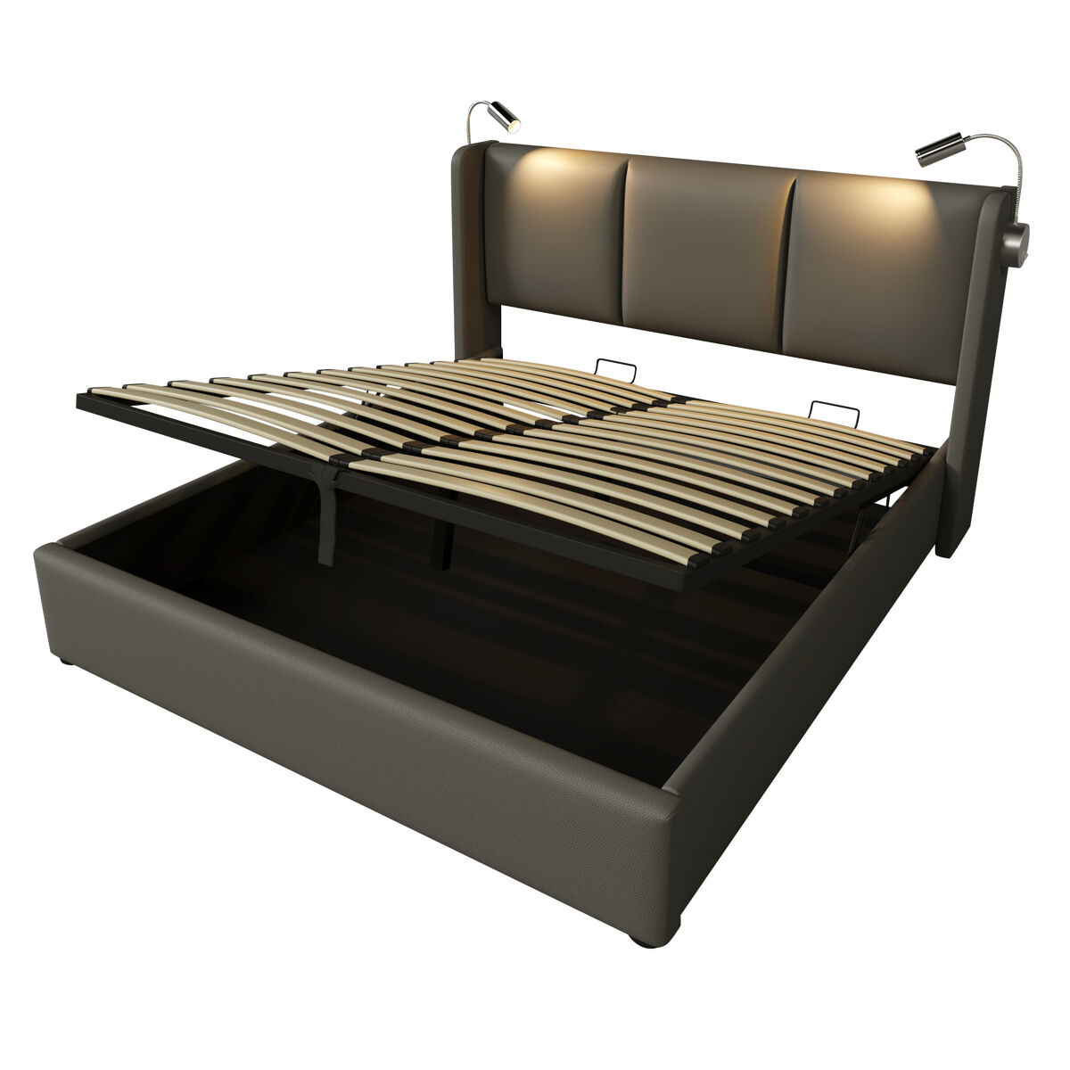 Cama contentora em pele sintética de 140x200 cm - com luzes de leitura e portas de carregamento usb - com estrado de molas - gris