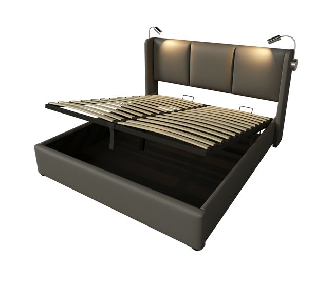 Cama contentora em pele sintética de 140x200 cm - com luzes de leitura e portas de carregamento usb - com estrado de molas - gris