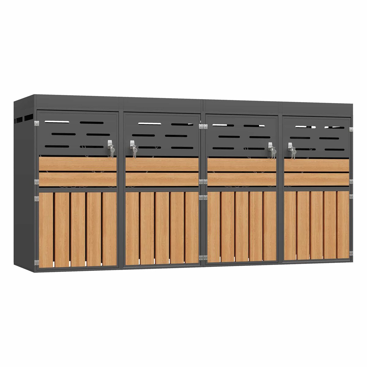 Armário exterior multifuncional – com vaso para plantas integrado, ventilação com lâminas, 4 compartimentos, estrutura em aço galvanizado e corrente