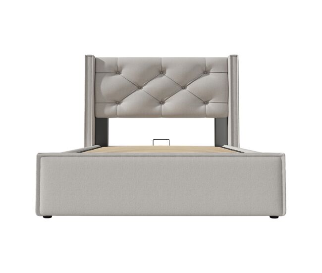 Cama contentora estofada 90x200 cm em tecido de algodão - com estrado de molas - cinzento claro