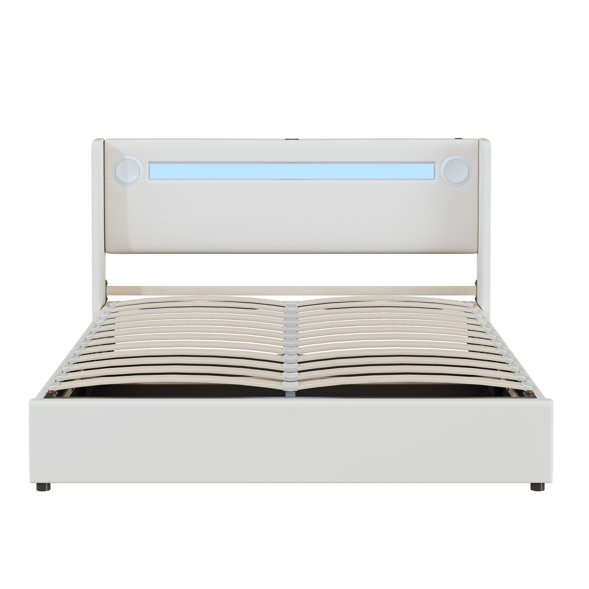 Cama contentora estofada em pele 160x200 cm com led, leitor bluetooth e portas de carregamento usb - com estrado - blanc
