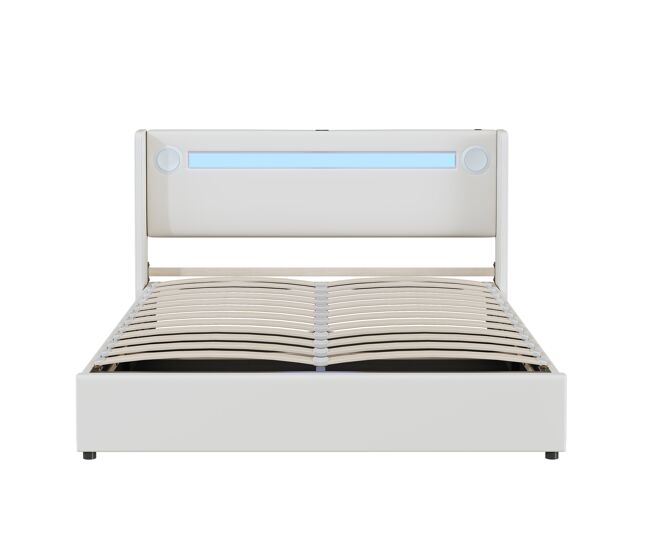 Cama contentora estofada em pele 160x200 cm com led, leitor bluetooth e portas de carregamento usb - com estrado - blanc
