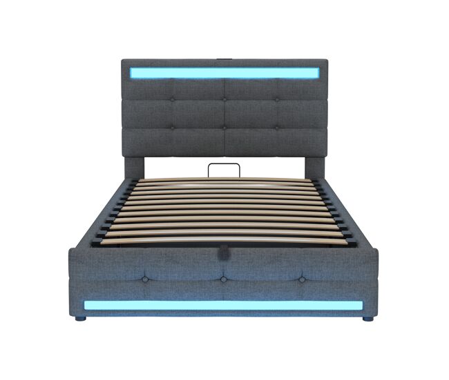 Cama estofada 90*200 - cama infantil com armazenamento hidráulico, usb e faixa led rgb - cinza